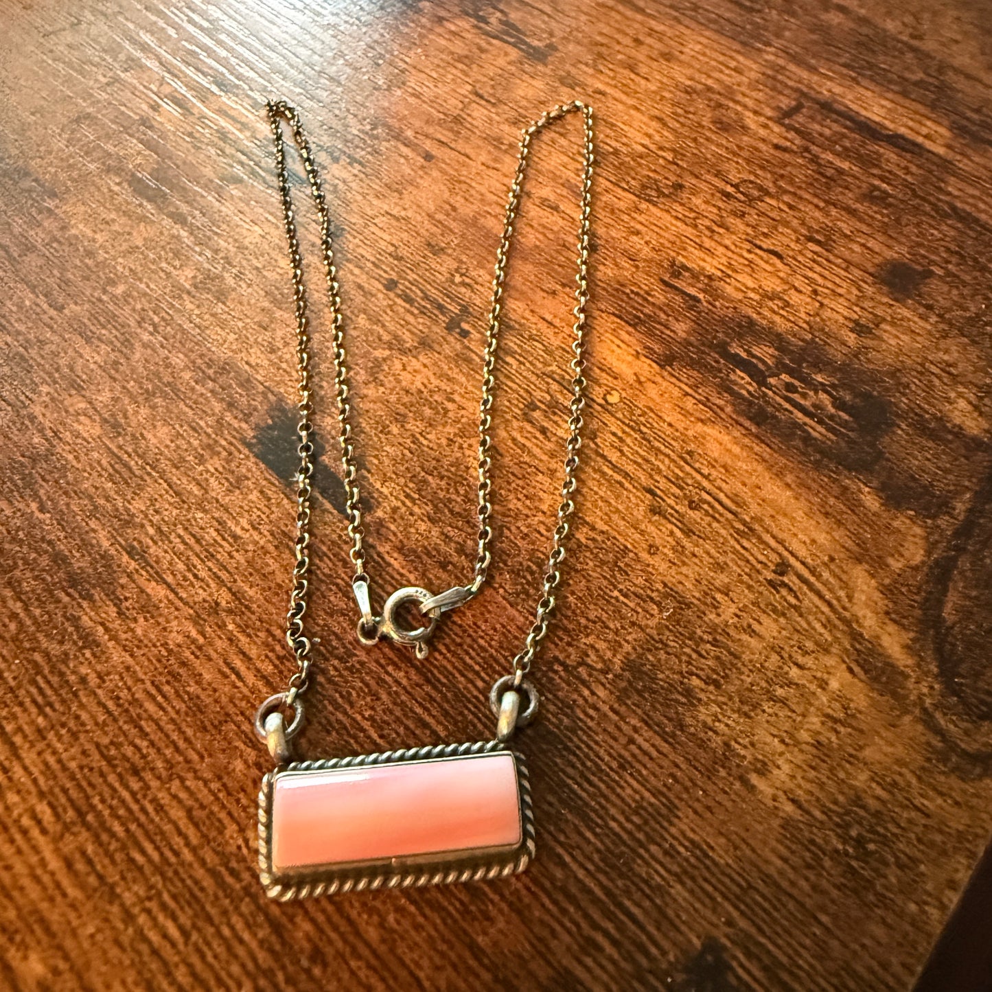 Johnny Dixon Signed Pink Conch Bar Necklace Sterling Silver 16 Inch Chain Wild West Boho