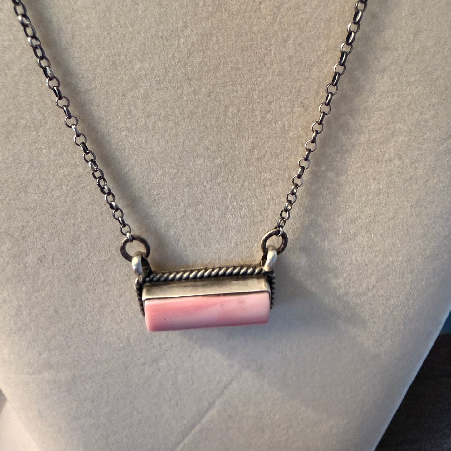 Johnny Dixon Signed Pink Conch Bar Necklace Sterling Silver 16 Inch Chain Wild West Boho