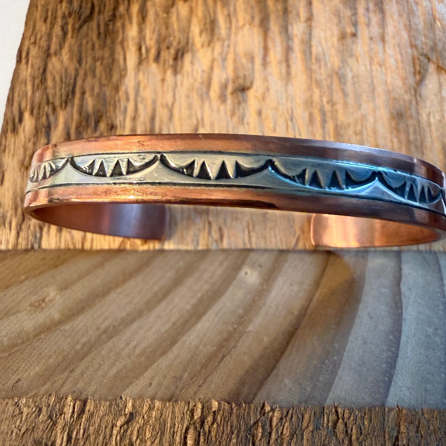 Handcrafted Wylie Secatero Signed Copper Sterling Silver Cuff Bracelet, Size 7 Wild West Boho