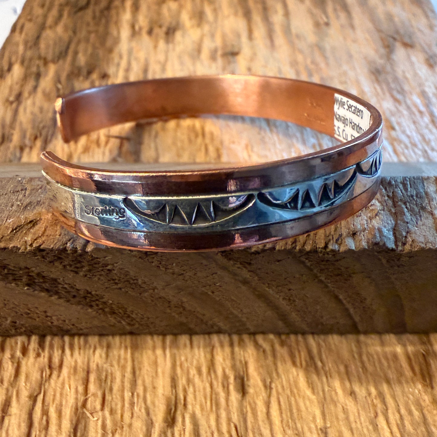 Handcrafted Wylie Secatero Signed Copper Sterling Silver Cuff Bracelet, Size 7 Wild West Boho