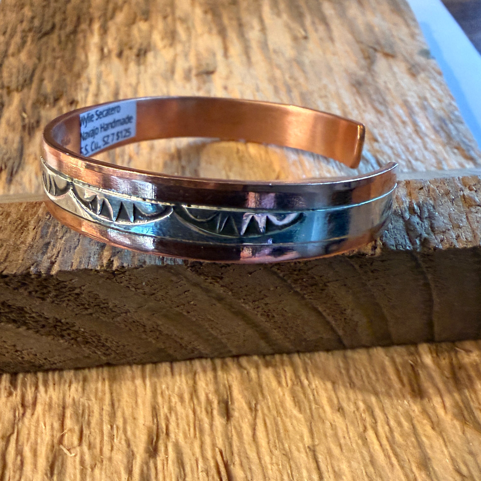 Handcrafted Wylie Secatero Signed Copper Sterling Silver Cuff Bracelet, Size 7 Wild West Boho