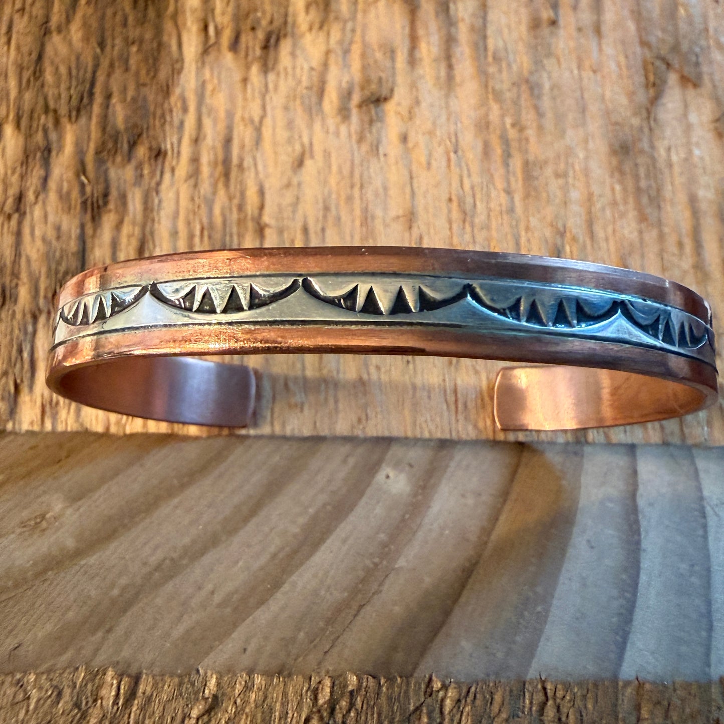 Handcrafted Wylie Secatero Signed Copper Sterling Silver Cuff Bracelet, Size 7 Wild West Boho