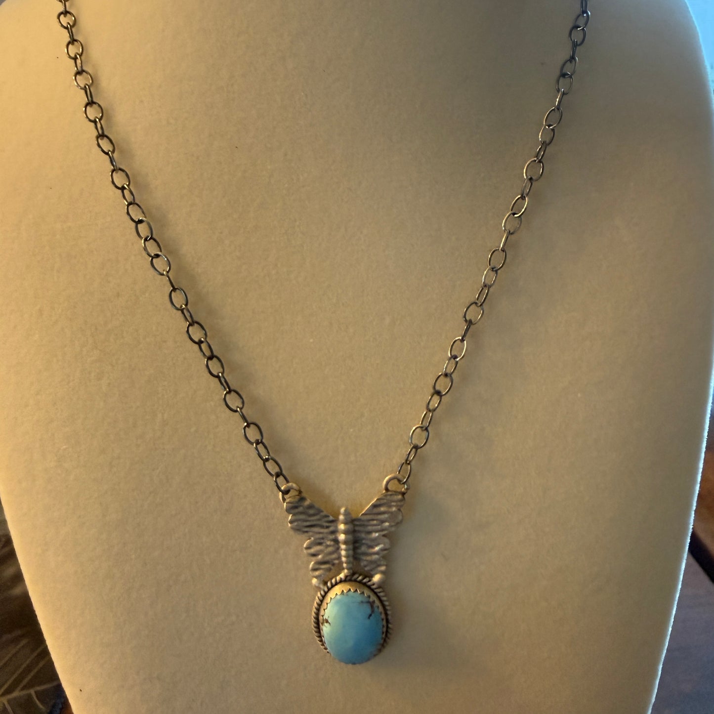 Golden Hill Turquoise Gemstone Butterfly Sterling Silver Necklace 18 Inch Chain Wild West Boho