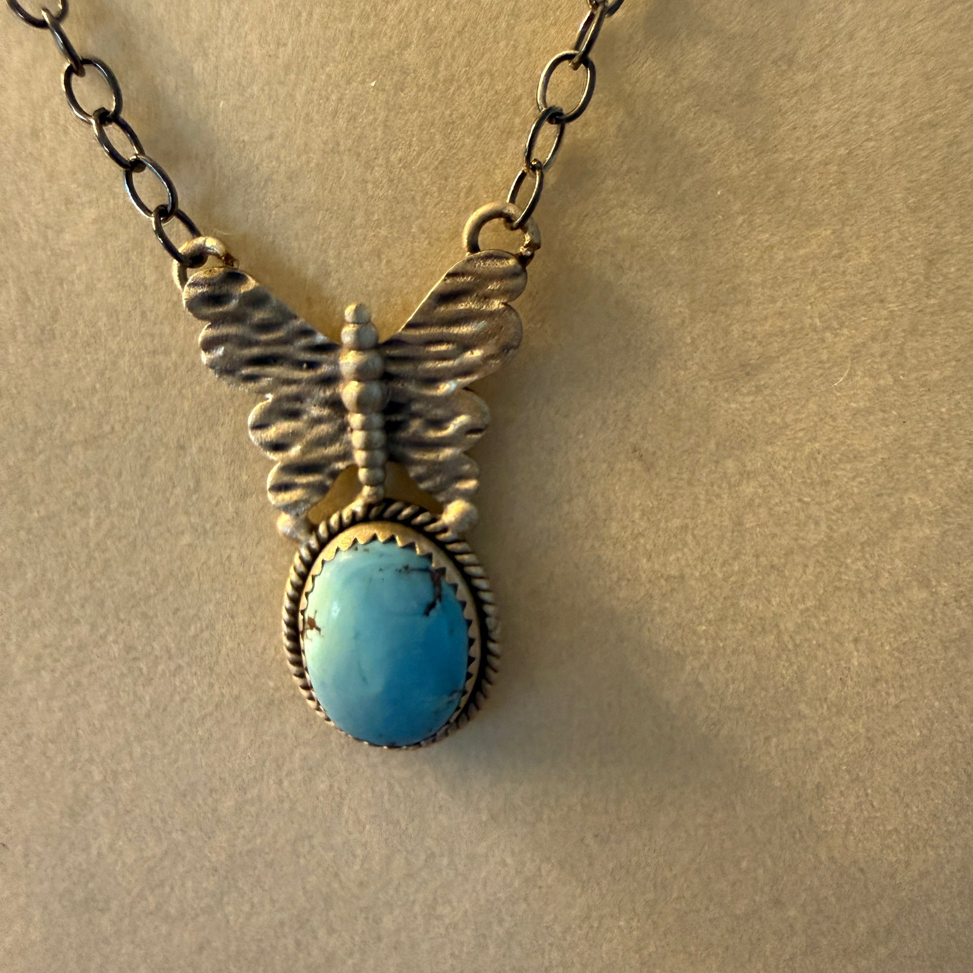 Golden Hill Turquoise Gemstone Butterfly Sterling Silver Necklace 18 Inch Chain Wild West Boho