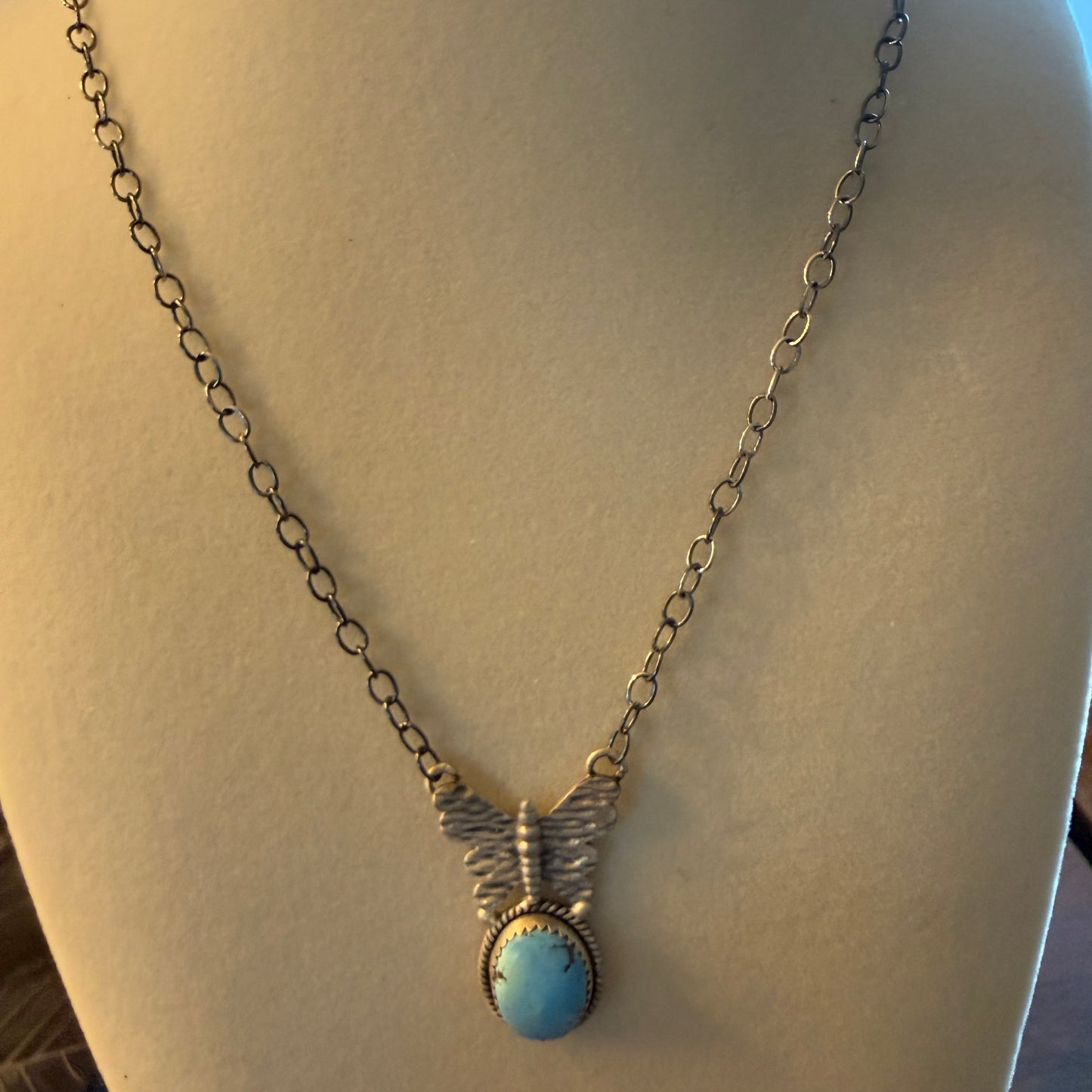 Golden Hill Turquoise Gemstone Butterfly Sterling Silver Necklace 18 Inch Chain Wild West Boho