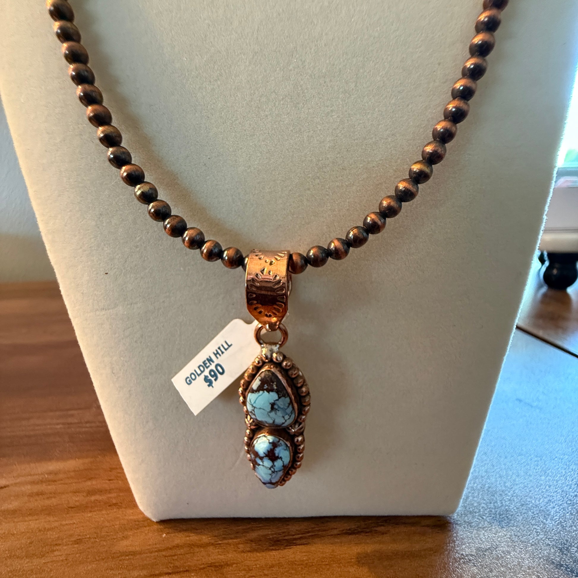 Handcrafted Golden Hill Turquoise Pendant With Copper Chain 18 Inch Necklace Wild West Boho