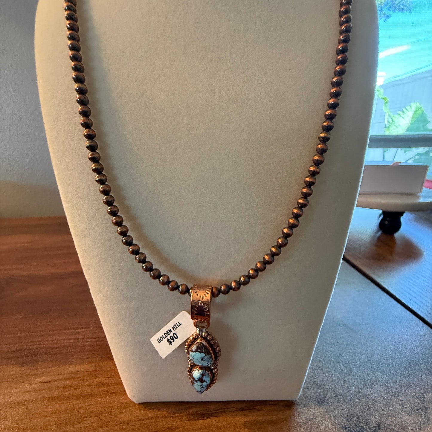 Handcrafted Golden Hill Turquoise Pendant With Copper Chain 18 Inch Necklace Wild West Boho