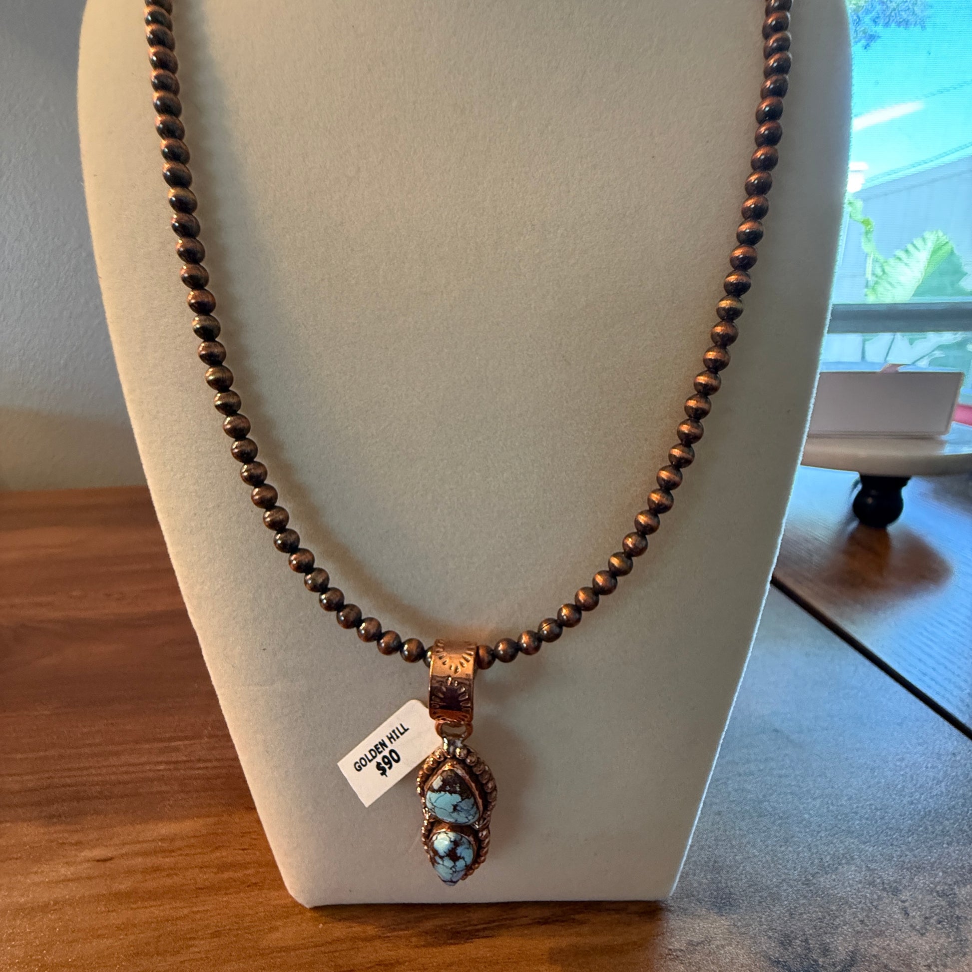 Handcrafted Golden Hill Turquoise Pendant With Copper Chain 18 Inch Necklace Wild West Boho