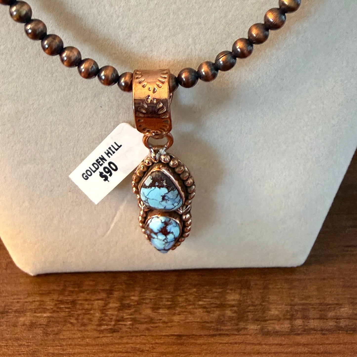 Handcrafted Golden Hill Turquoise Pendant With Copper Chain 18 Inch Necklace Wild West Boho