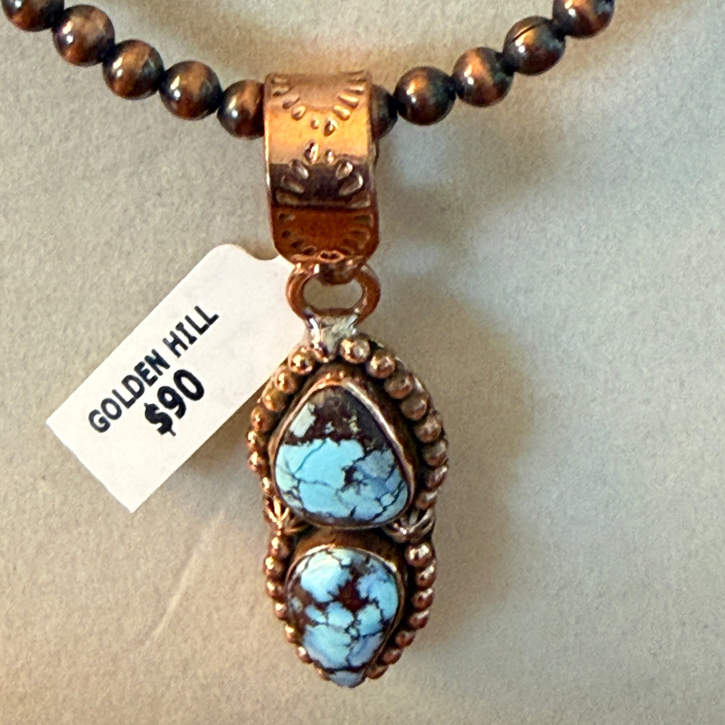 Handcrafted Golden Hill Turquoise Pendant With Copper Chain 18 Inch Necklace Wild West Boho