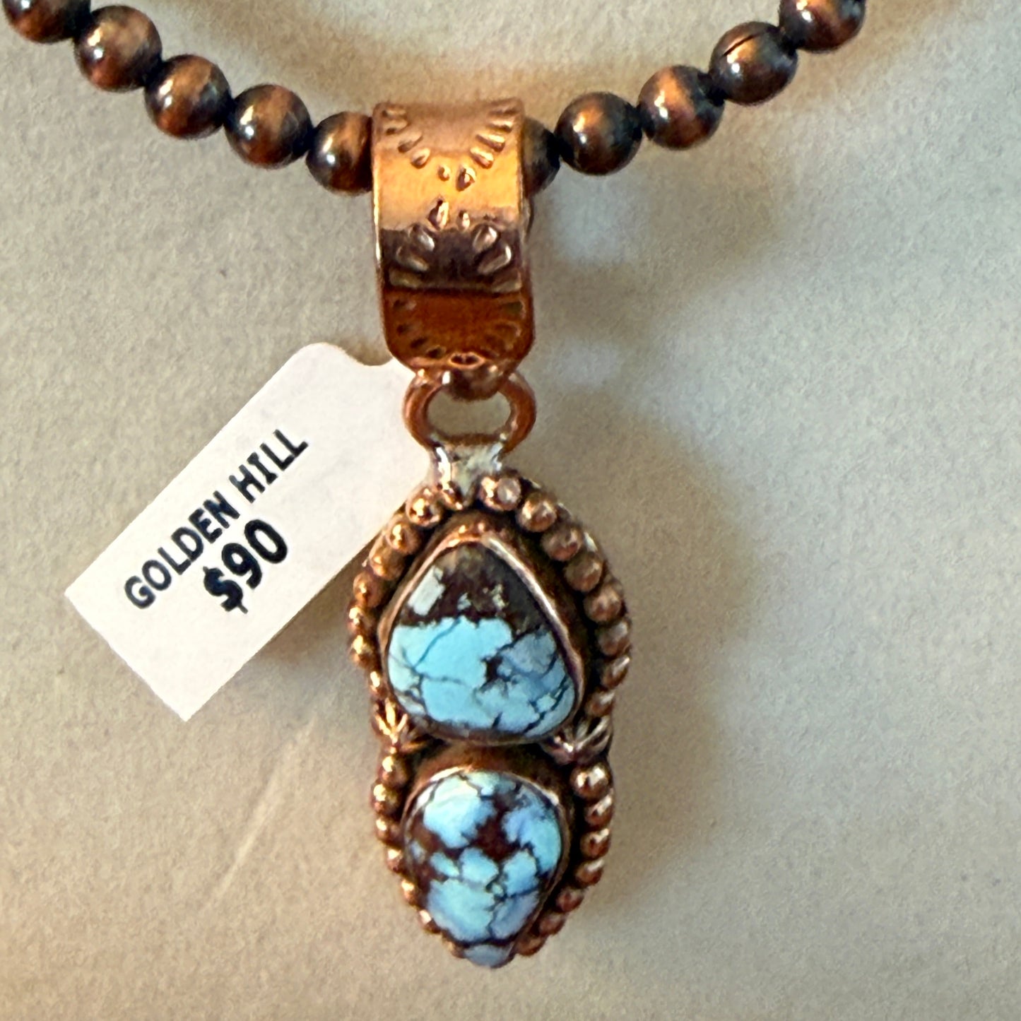 Handcrafted Golden Hill Turquoise Pendant With Copper Chain 18 Inch Necklace Wild West Boho