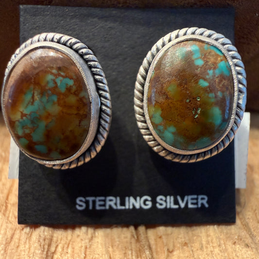 Handcrafted Pilot Mountain Turquoise Stud Earrings Sterling Silver 925 Wild West Boho