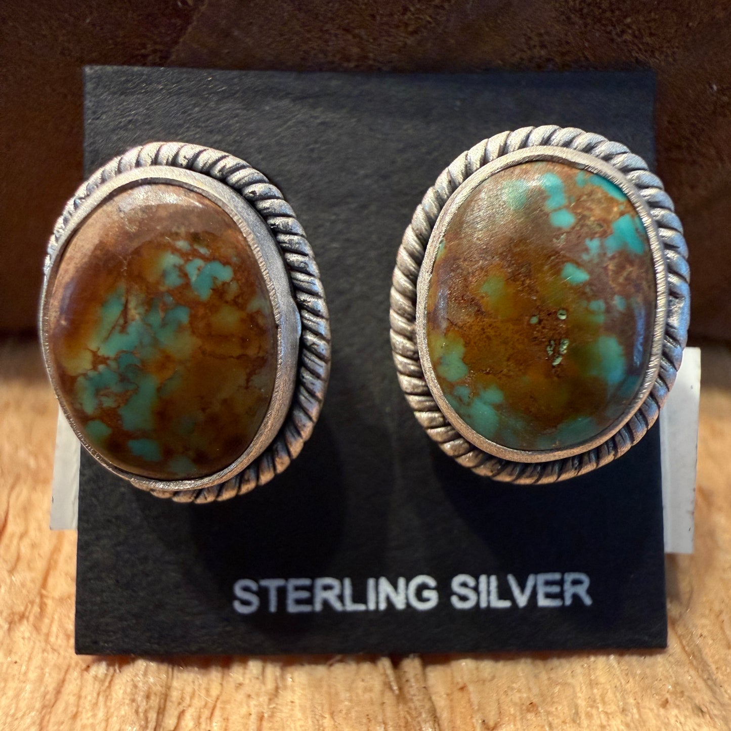 Handcrafted Pilot Mountain Turquoise Stud Earrings Sterling Silver 925 Wild West Boho