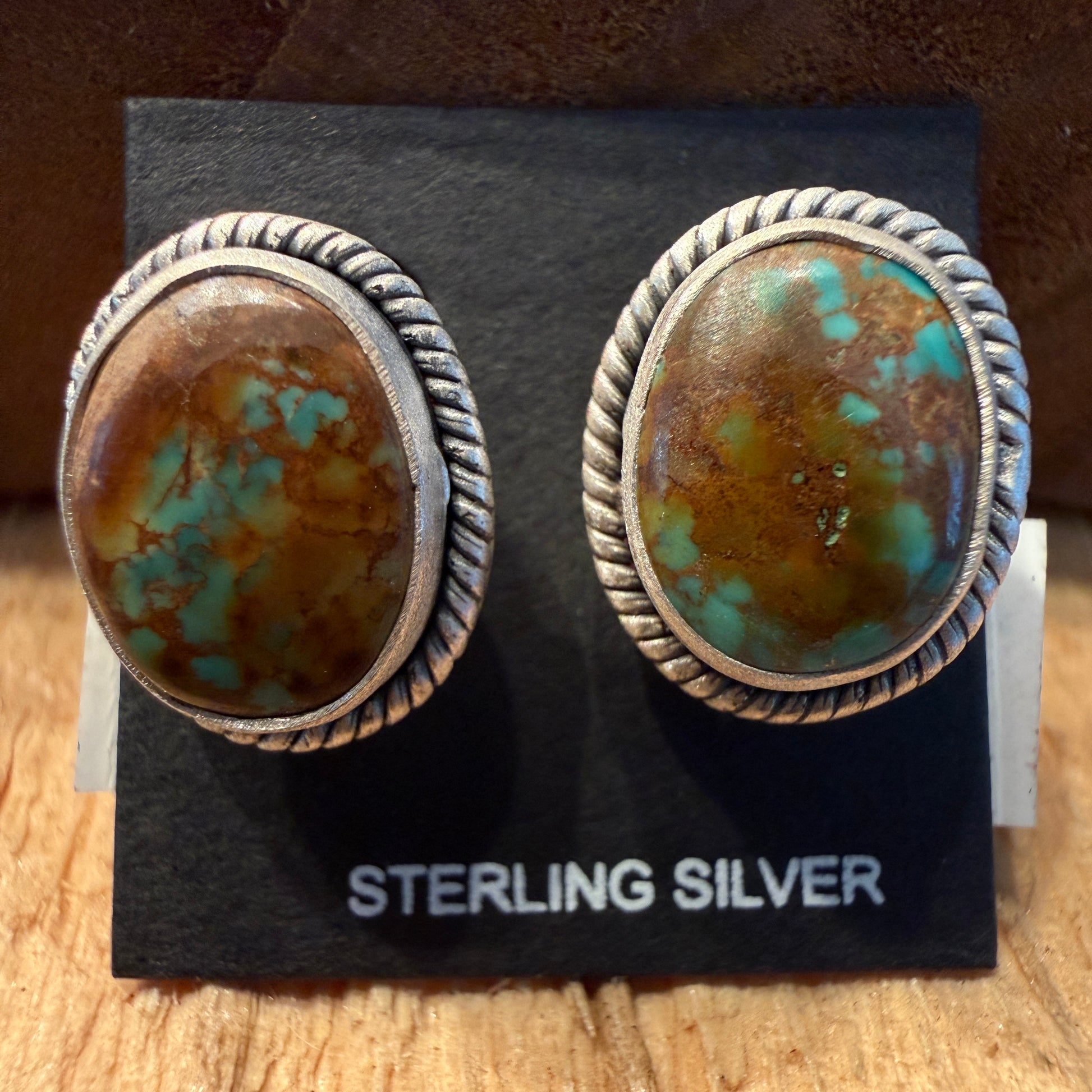 Handcrafted Pilot Mountain Turquoise Stud Earrings Sterling Silver 925 Wild West Boho