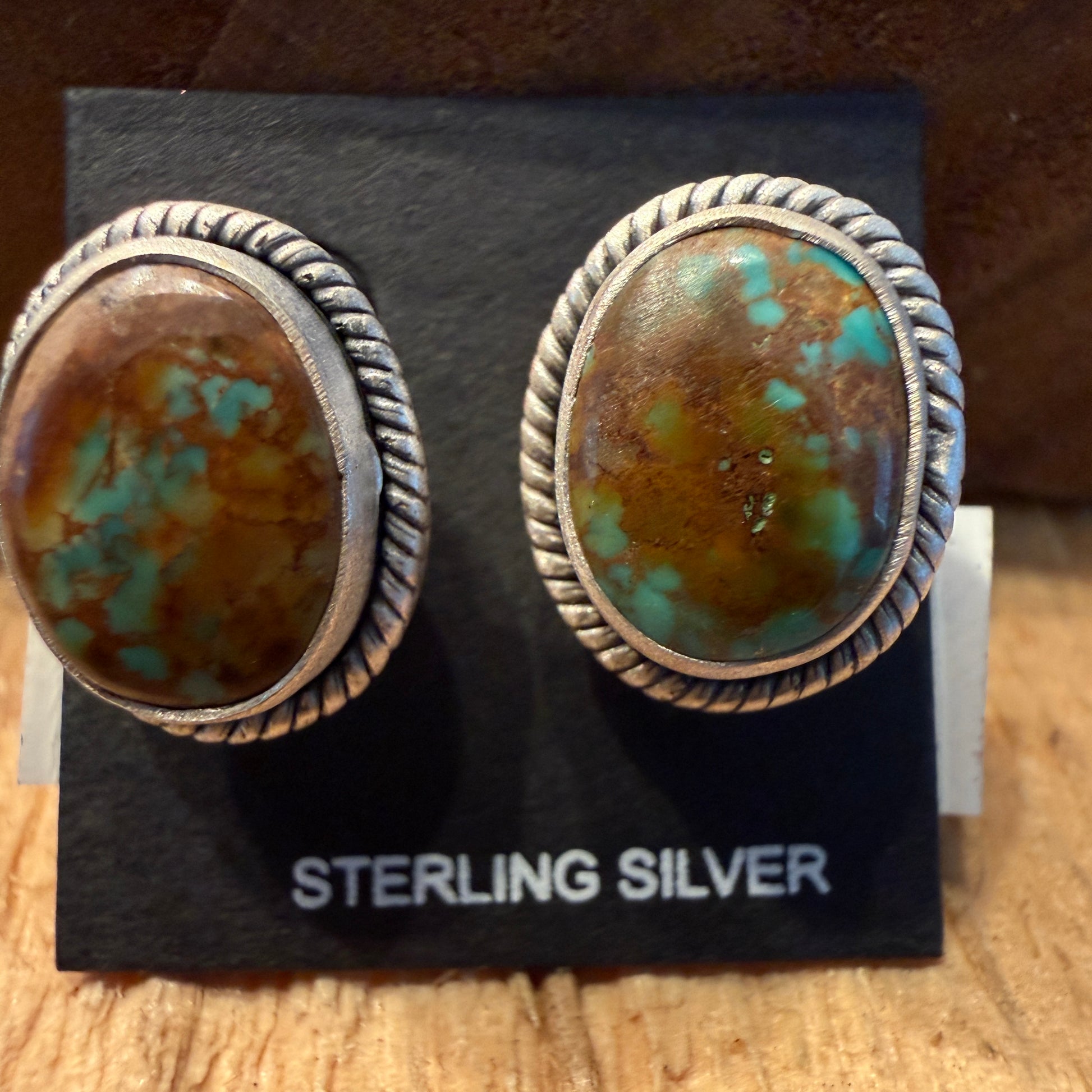 Handcrafted Pilot Mountain Turquoise Stud Earrings Sterling Silver 925 Wild West Boho