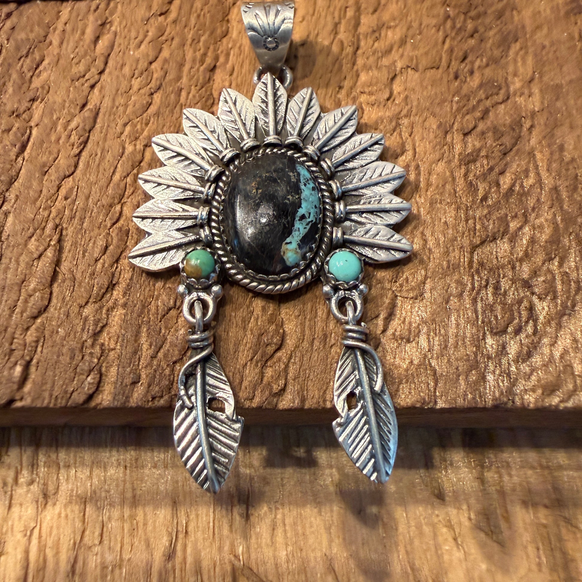 Handcrafted Blackjack Turquoise Native Headdress Pendant 925 Sterling Silver Wild West Boho