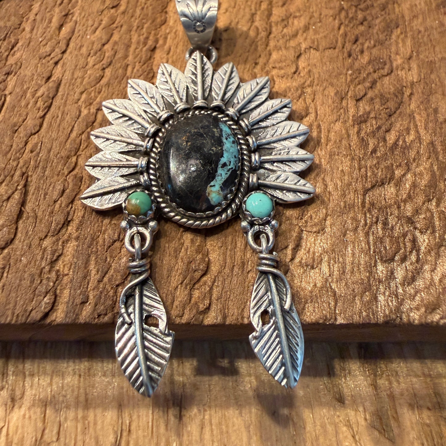 Handcrafted Blackjack Turquoise Native Headdress Pendant 925 Sterling Silver Wild West Boho