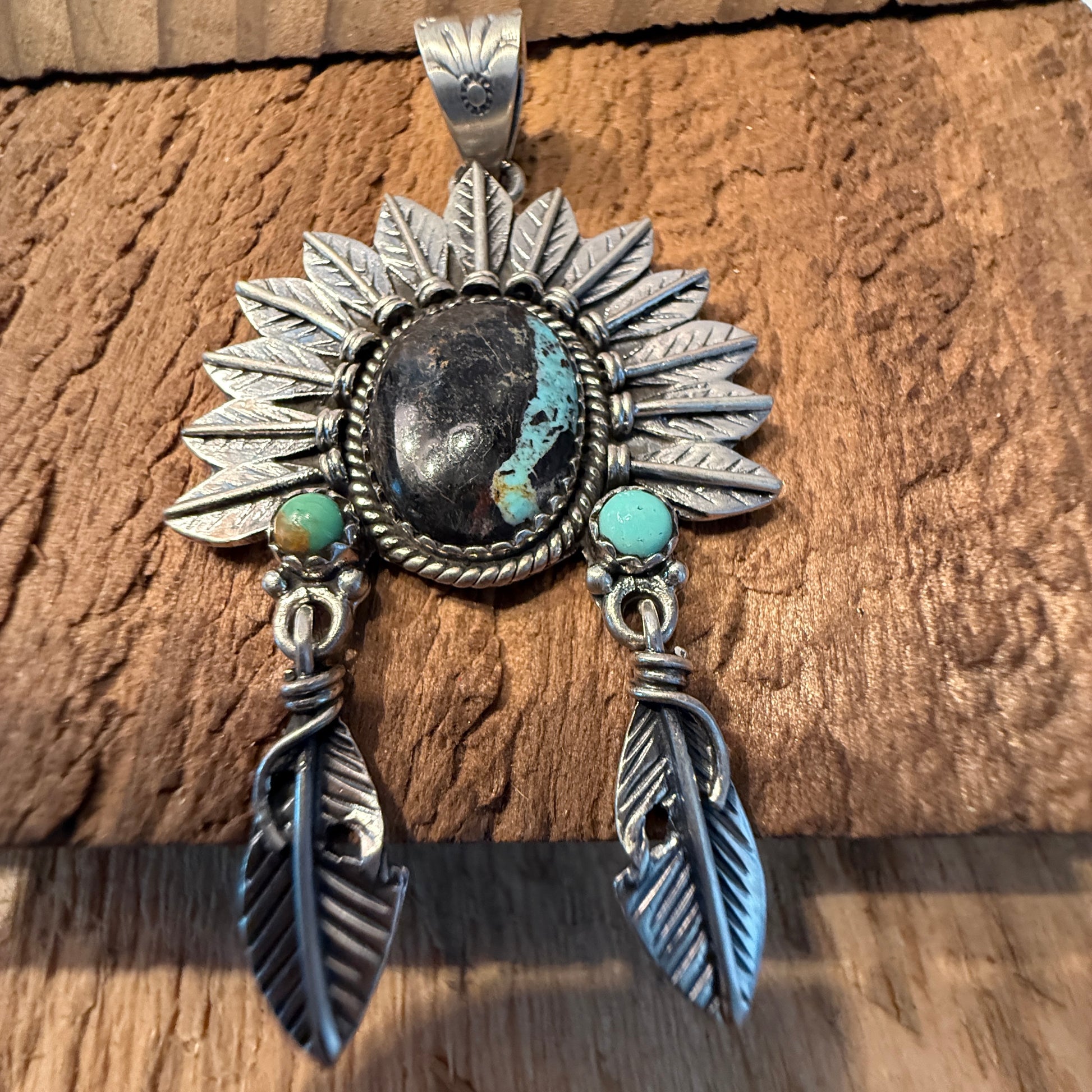 Handcrafted Blackjack Turquoise Native Headdress Pendant 925 Sterling Silver Wild West Boho