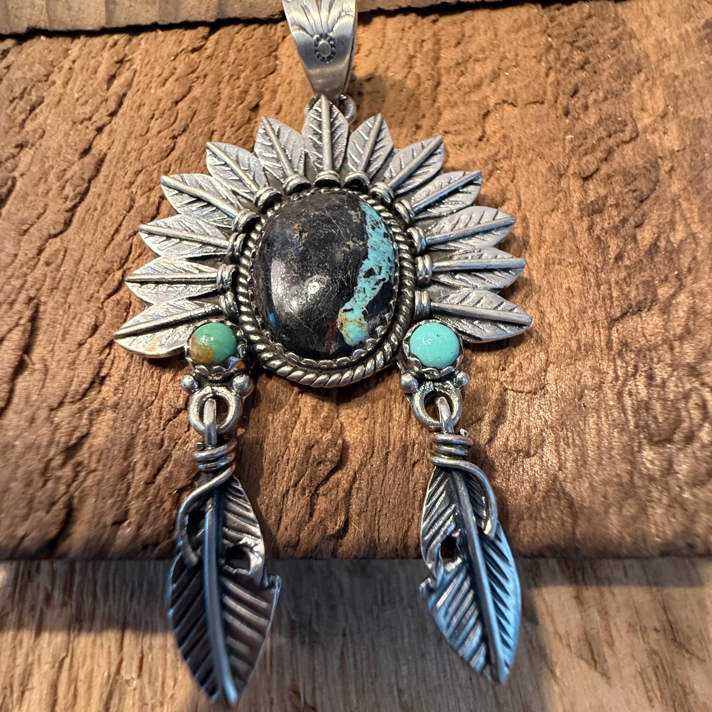 Handcrafted Blackjack Turquoise Native Headdress Pendant 925 Sterling Silver Wild West Boho