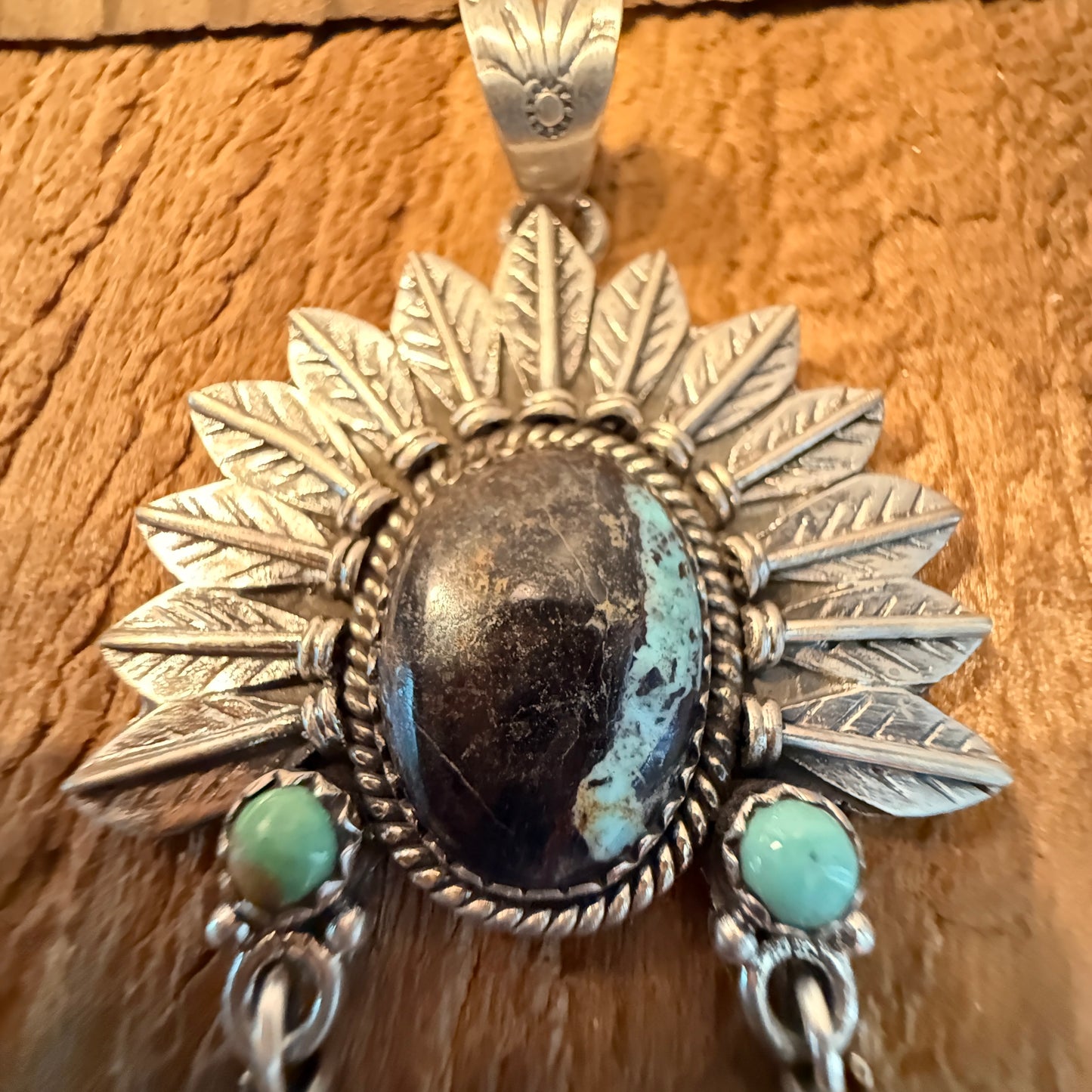 Handcrafted Blackjack Turquoise Native Headdress Pendant 925 Sterling Silver Wild West Boho