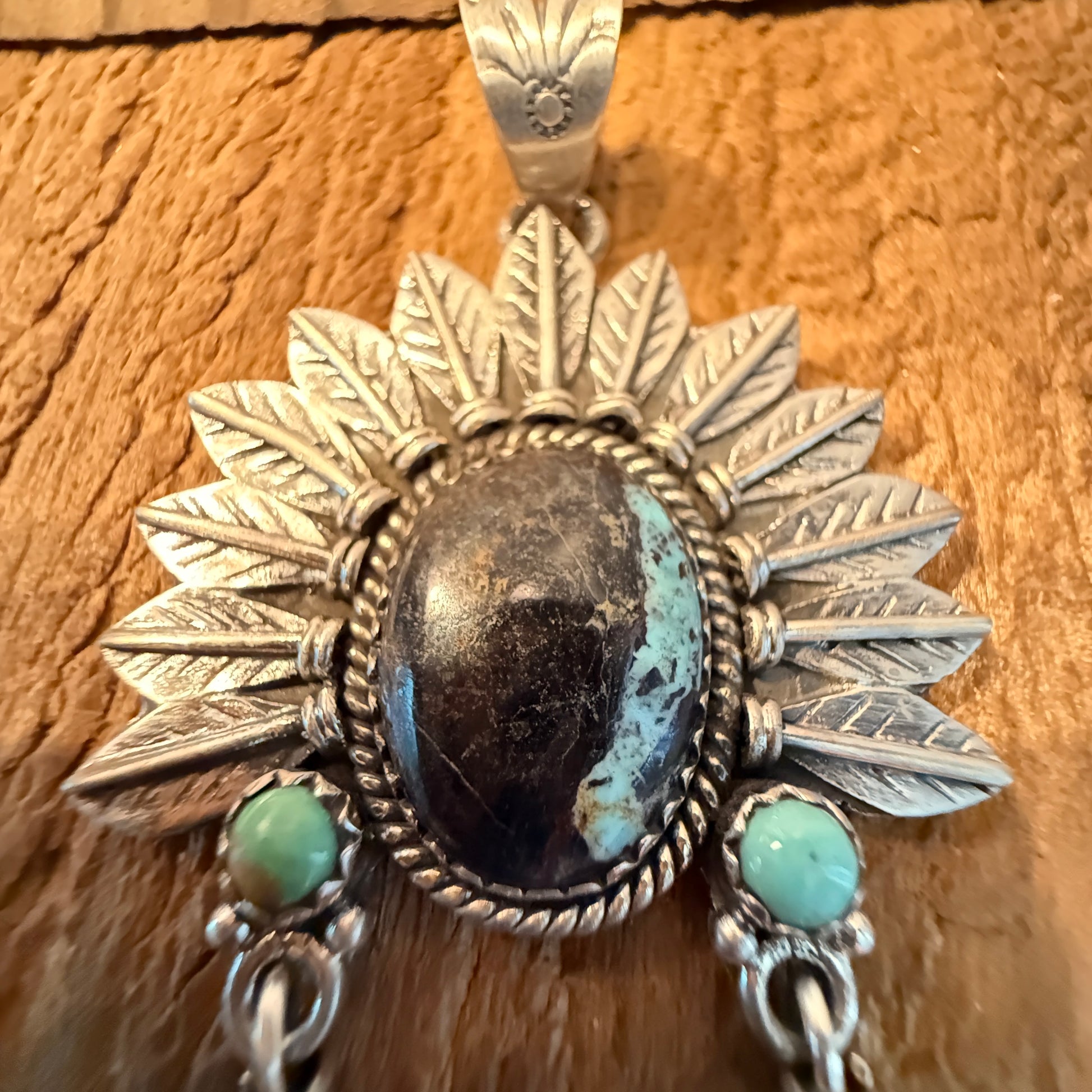 Handcrafted Blackjack Turquoise Native Headdress Pendant 925 Sterling Silver Wild West Boho