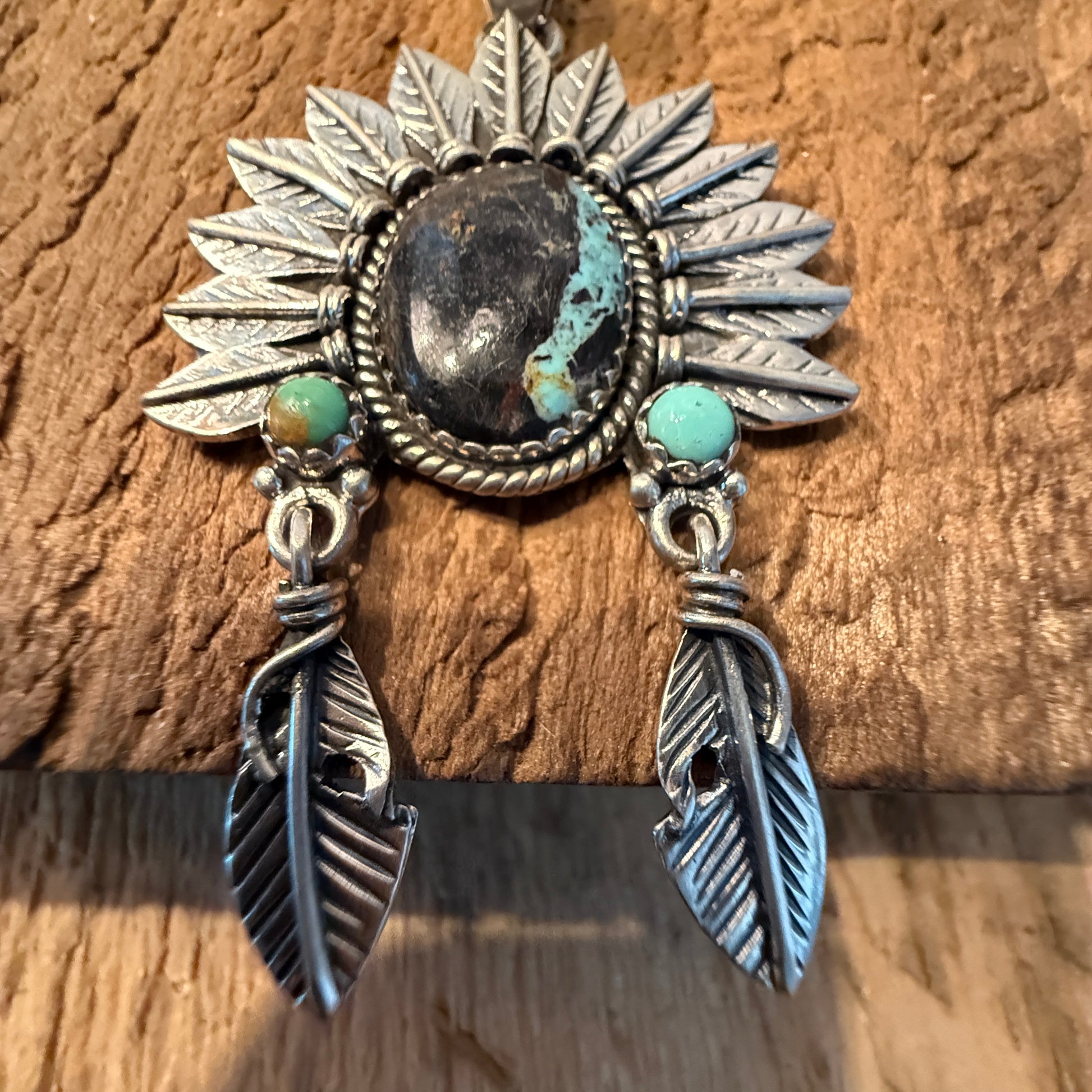 Handcrafted Blackjack Turquoise Native Headdress Pendant 925 Sterling Silver Wild West Boho