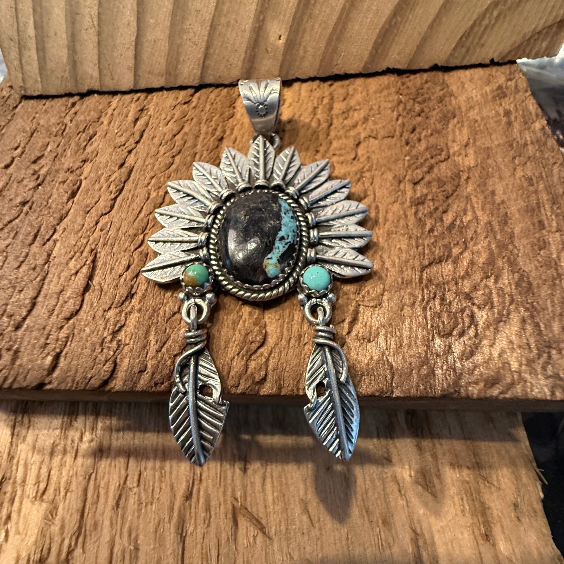 Handcrafted Blackjack Turquoise Native Headdress Pendant 925 Sterling Silver Wild West Boho