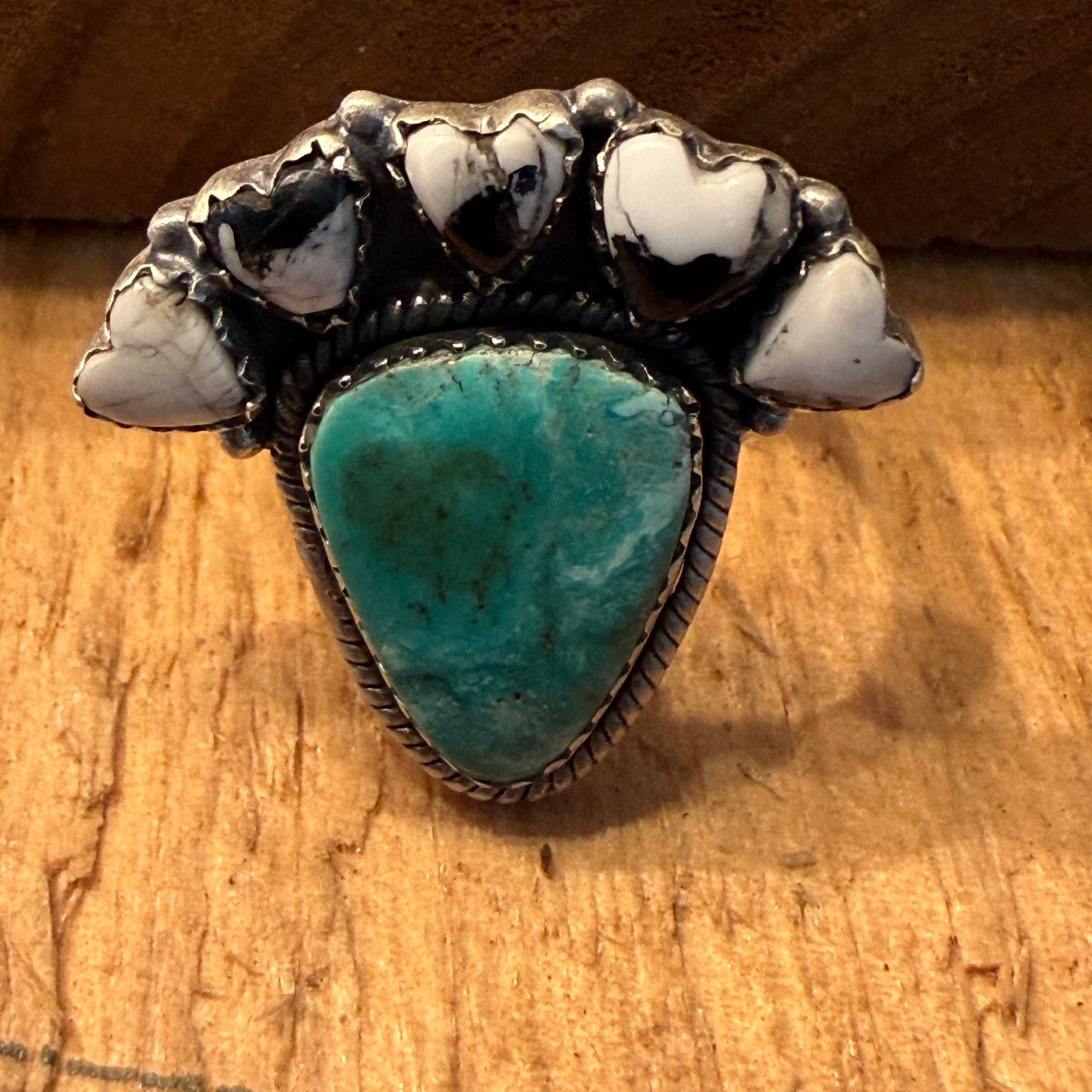 White Buffalo Kingman Turquoise Cluster Adjustable Ring Sterling Silver Wild West Boho