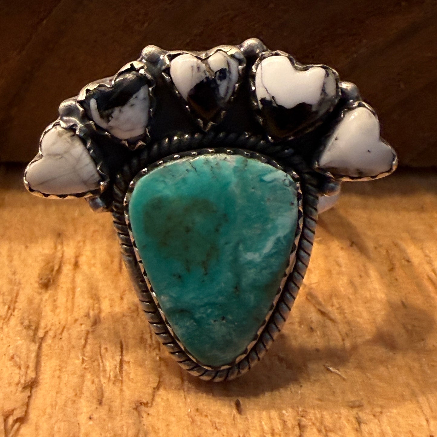 White Buffalo Kingman Turquoise Cluster Adjustable Ring Sterling Silver Wild West Boho