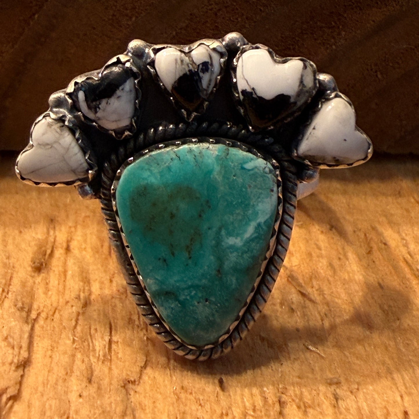White Buffalo Kingman Turquoise Cluster Adjustable Ring Sterling Silver Wild West Boho