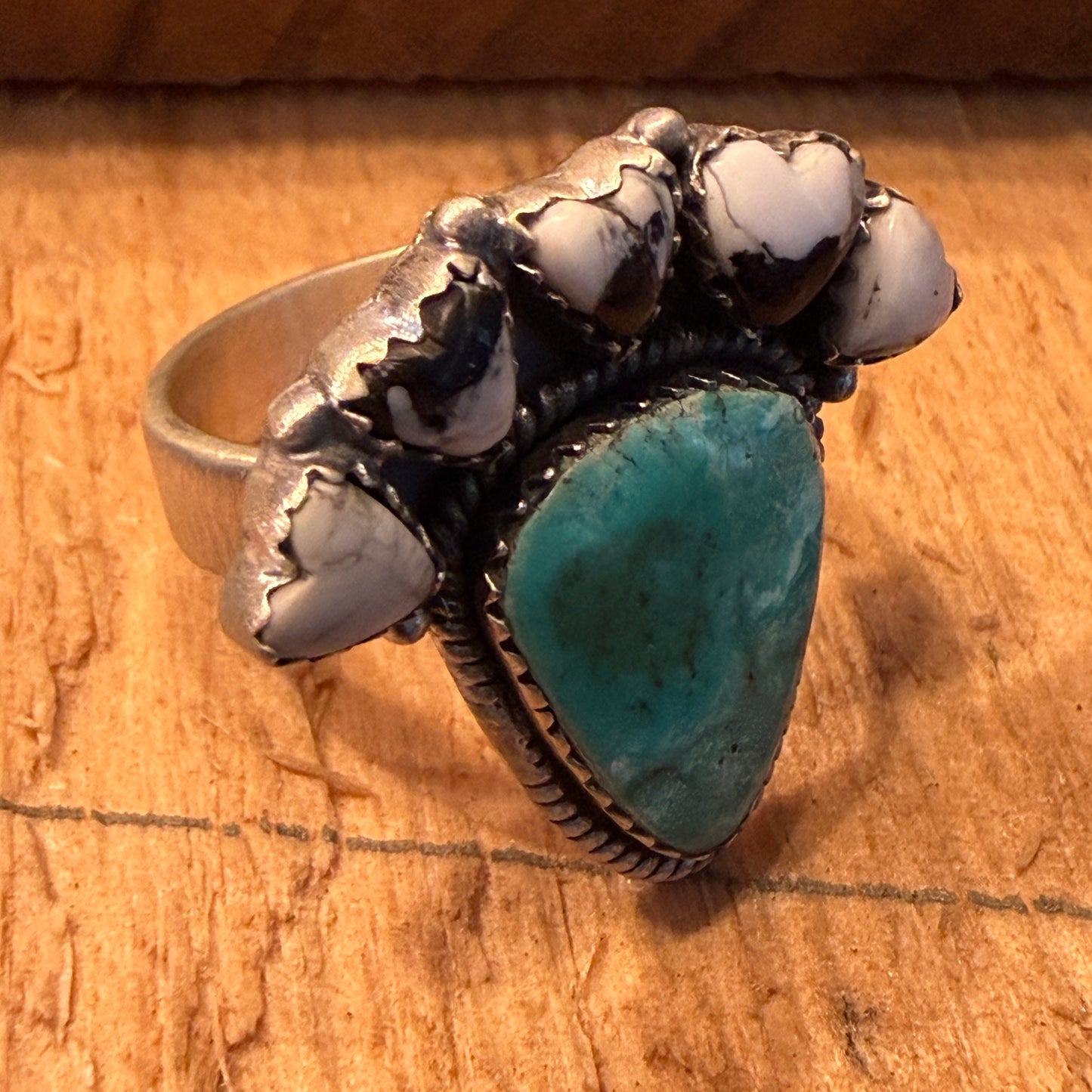 White Buffalo Kingman Turquoise Cluster Adjustable Ring Sterling Silver Wild West Boho