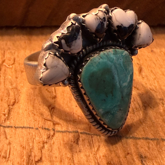 White Buffalo Kingman Turquoise Cluster Adjustable Ring Sterling Silver Wild West Boho