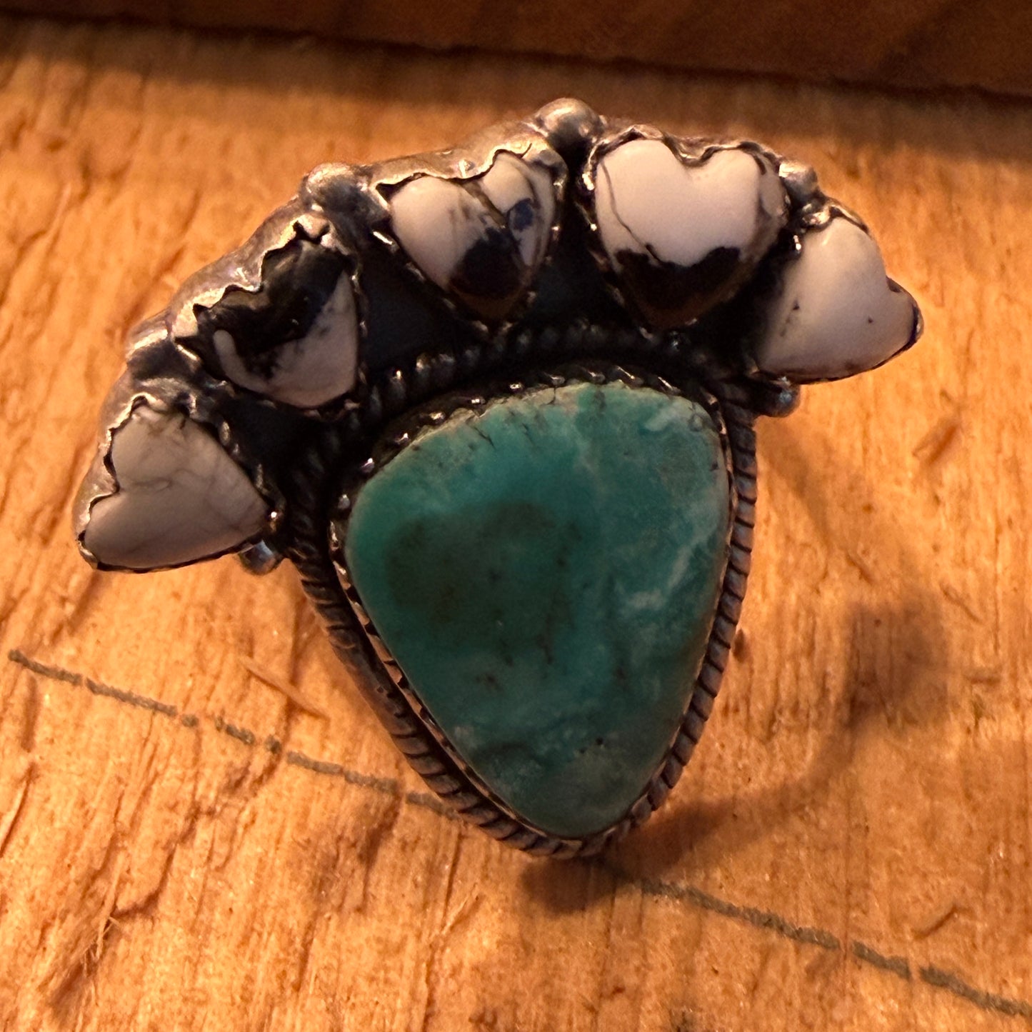 White Buffalo Kingman Turquoise Cluster Adjustable Ring Sterling Silver Wild West Boho
