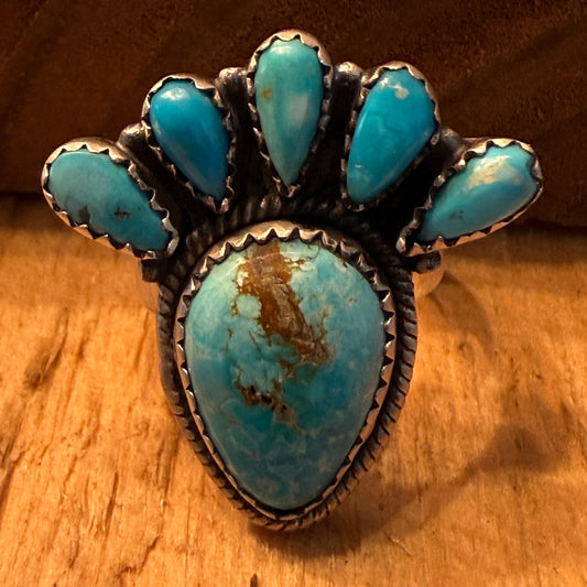 White Water Turquoise Gemstone Cluster Statement Ring Adjustable Sterling Silver Wild West Boho