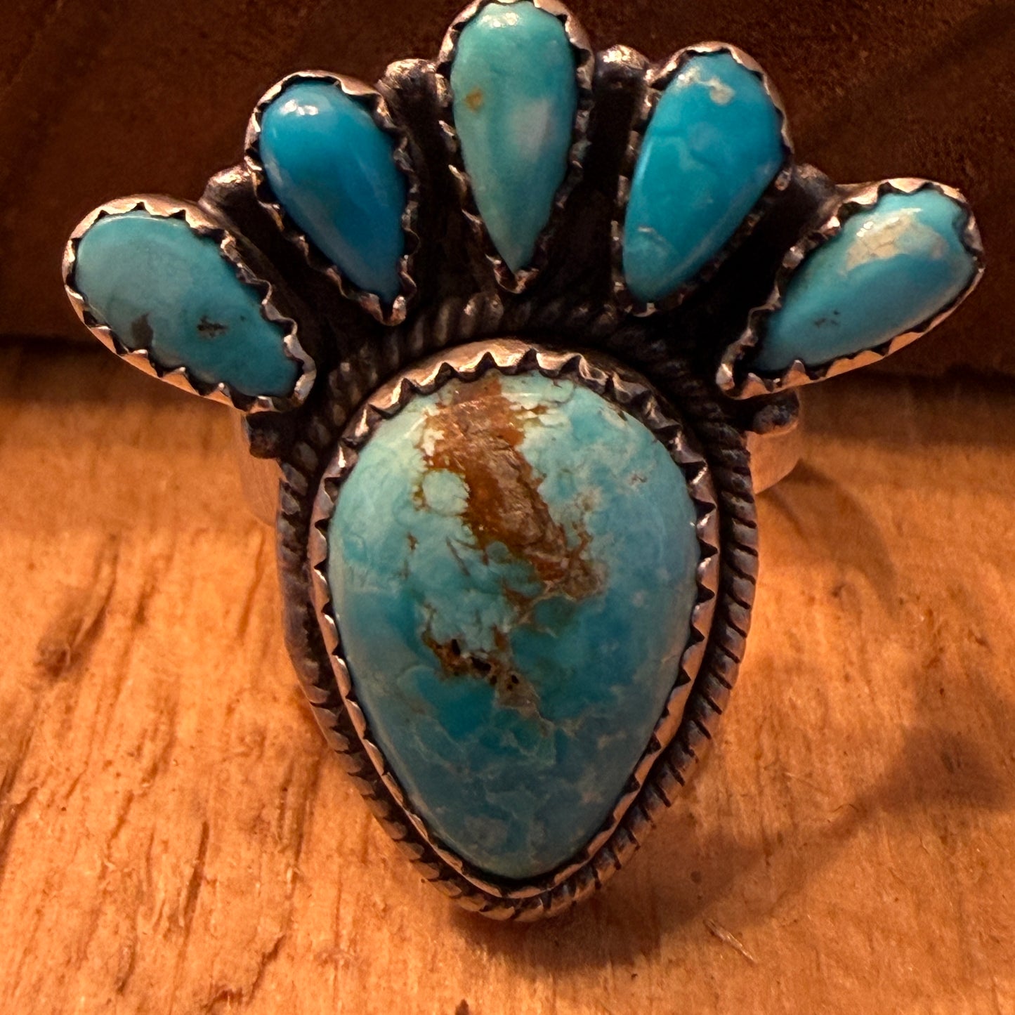 White Water Turquoise Gemstone Cluster Statement Ring Adjustable Sterling Silver Wild West Boho