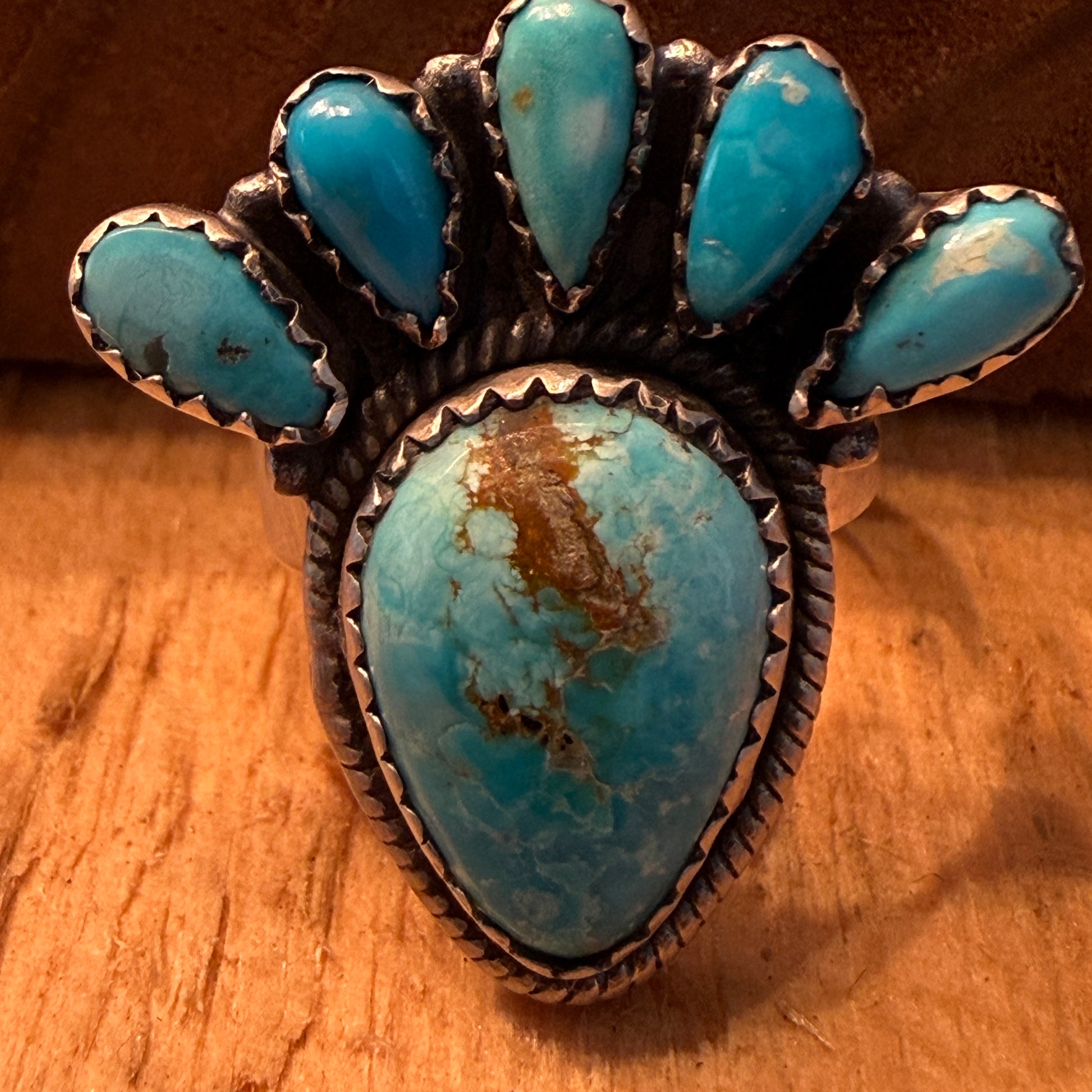 White Water Turquoise Gemstone Cluster Statement Ring Adjustable Sterling Silver Wild West Boho