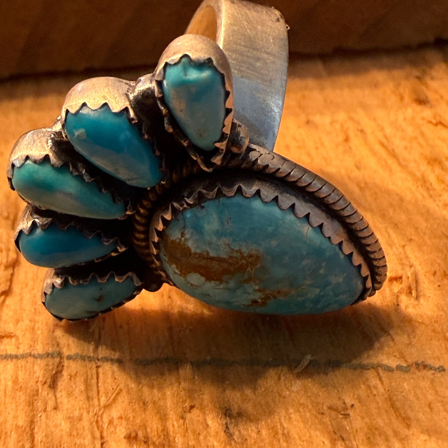 White Water Turquoise Gemstone Cluster Statement Ring Adjustable Sterling Silver Wild West Boho