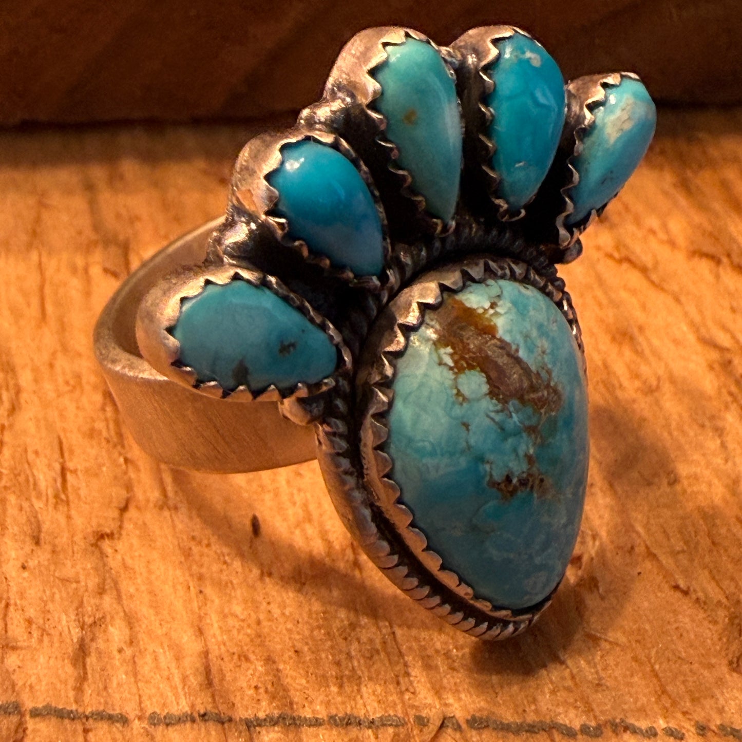 White Water Turquoise Gemstone Cluster Statement Ring Adjustable Sterling Silver Wild West Boho