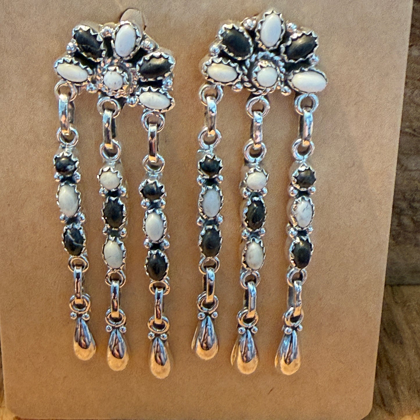 Handcrafted White Buffalo Dahlia Cluster Dangle Earrings Sterling Silver Wild West Boho