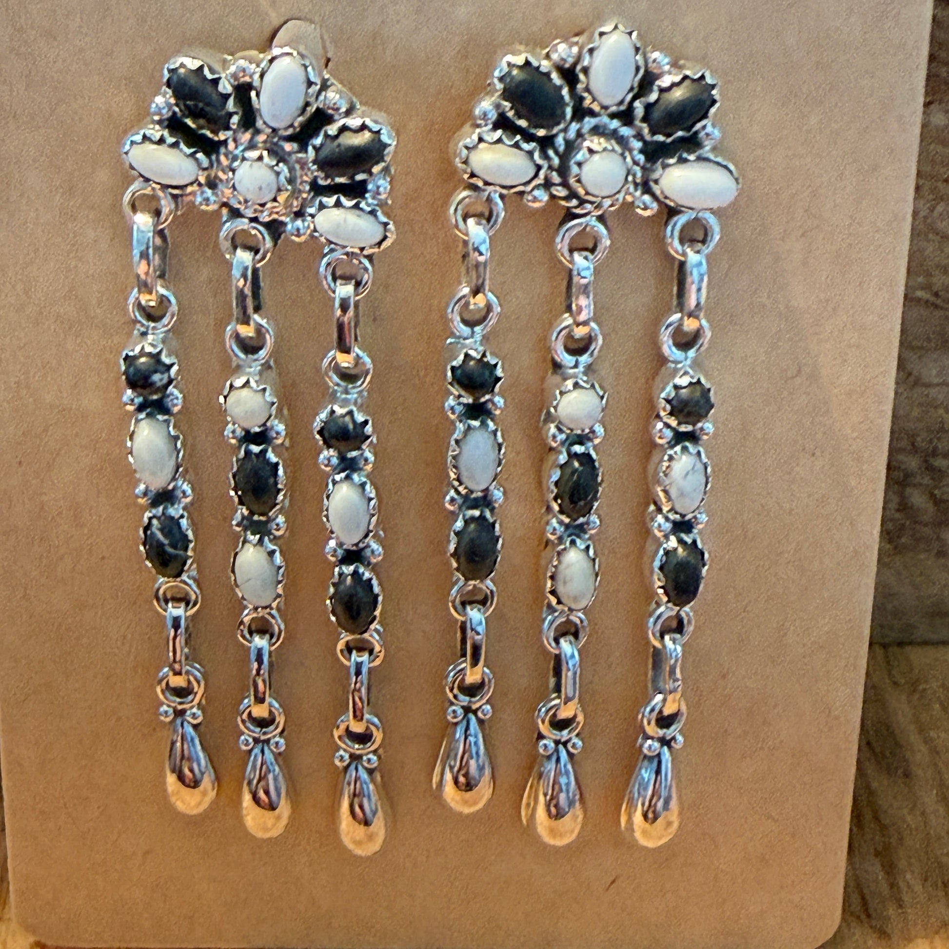 Handcrafted White Buffalo Dahlia Cluster Dangle Earrings Sterling Silver Wild West Boho