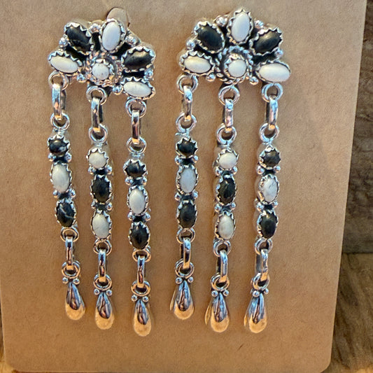 Handcrafted White Buffalo Dahlia Cluster Dangle Earrings Sterling Silver Wild West Boho