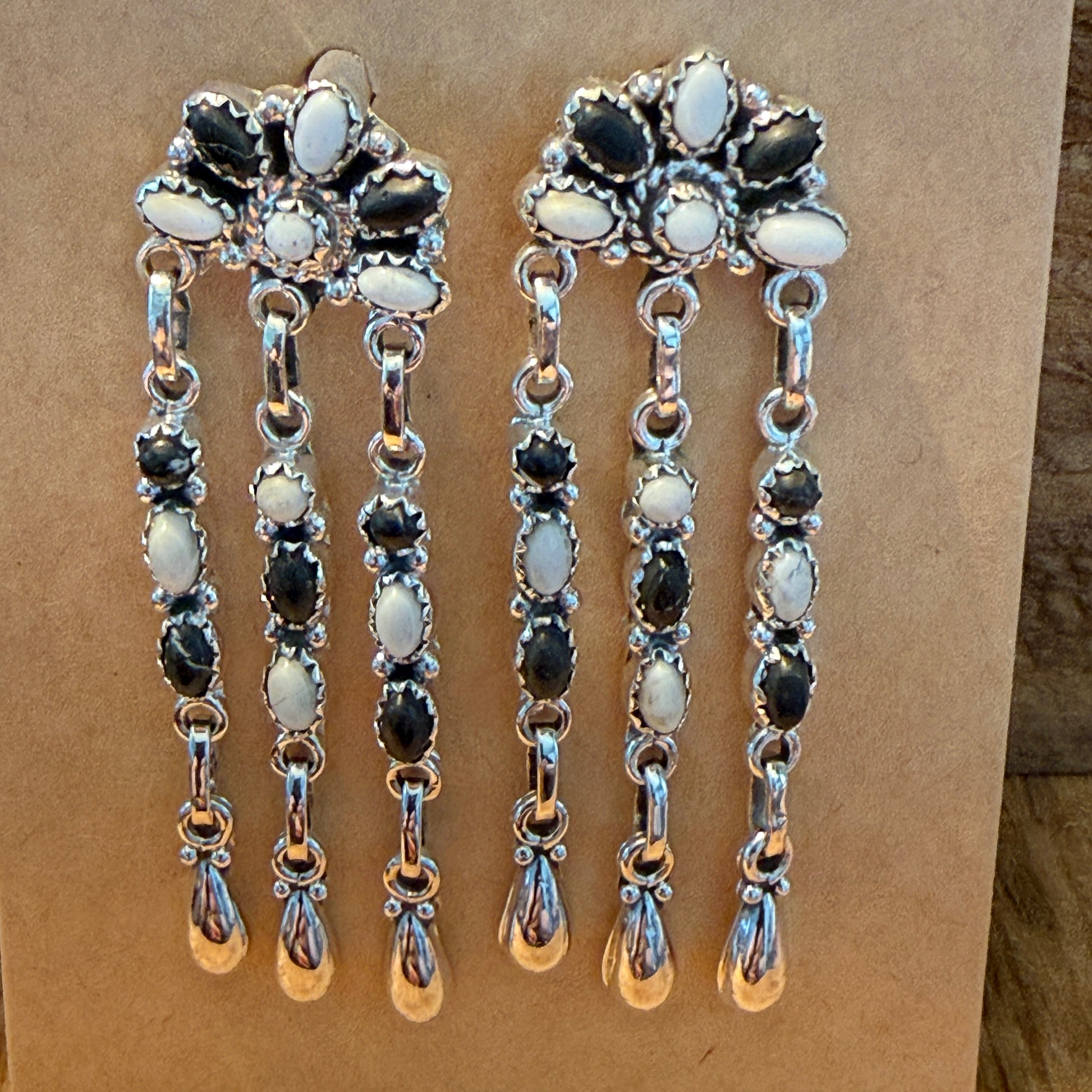 Handcrafted White Buffalo Dahlia Cluster Dangle Earrings Sterling Silver Wild West Boho