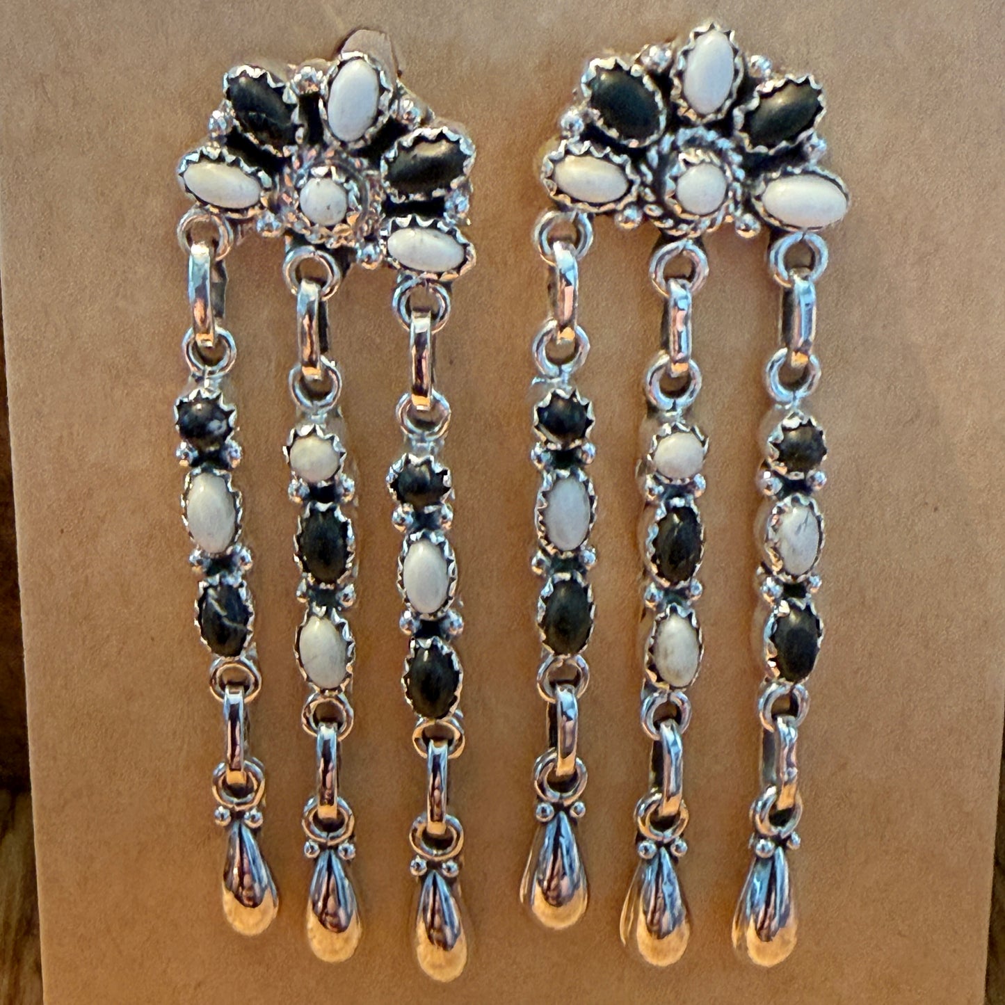 Handcrafted White Buffalo Dahlia Cluster Dangle Earrings Sterling Silver Wild West Boho