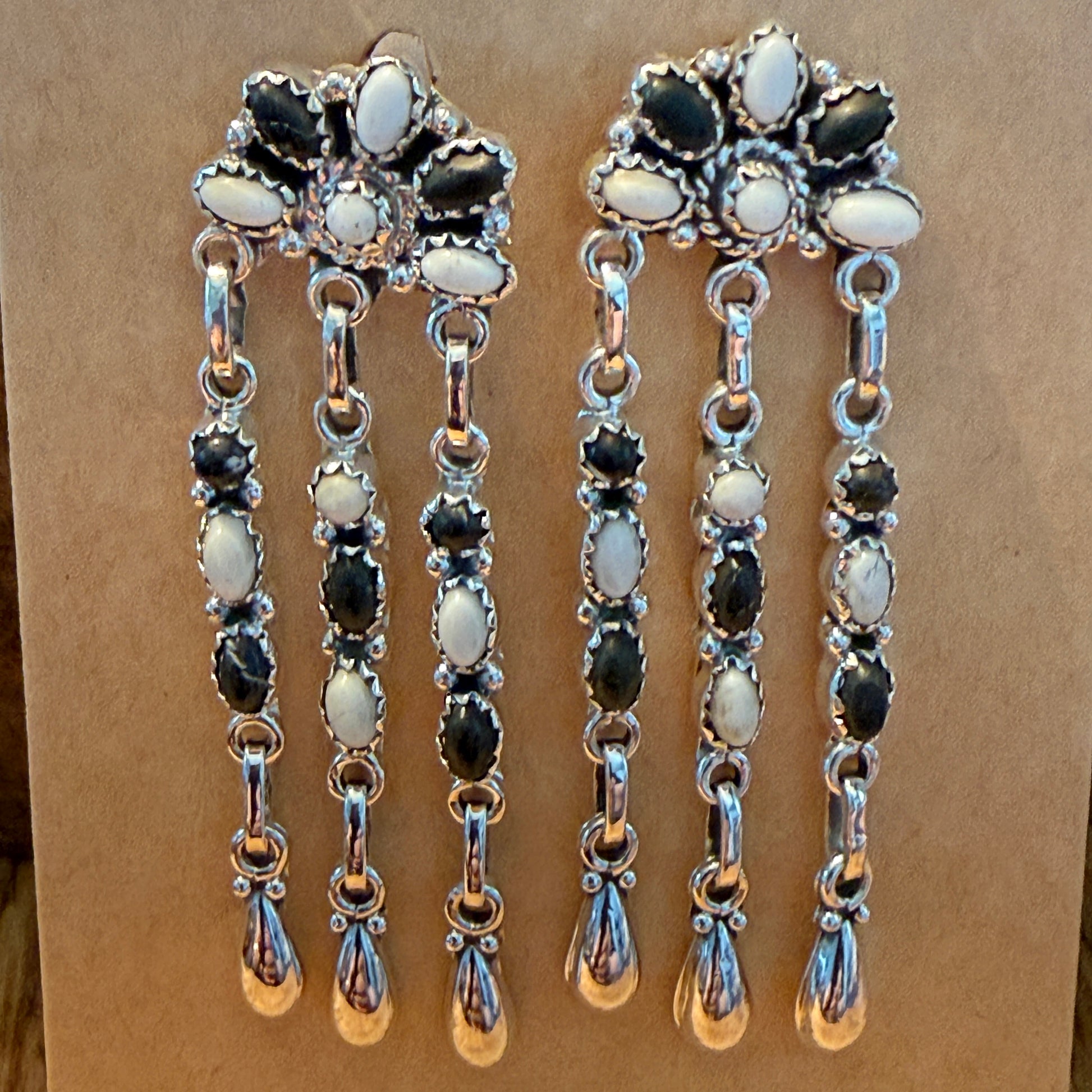 Handcrafted White Buffalo Dahlia Cluster Dangle Earrings Sterling Silver Wild West Boho