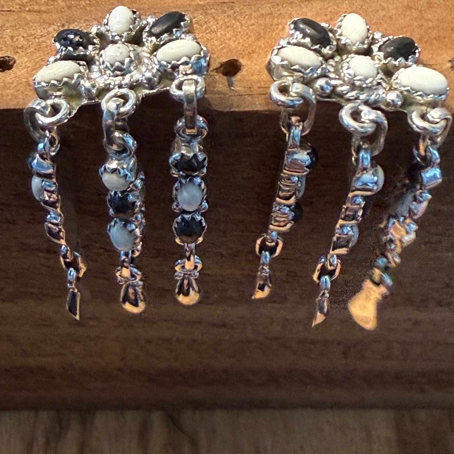 Handcrafted White Buffalo Dahlia Cluster Dangle Earrings Sterling Silver Wild West Boho