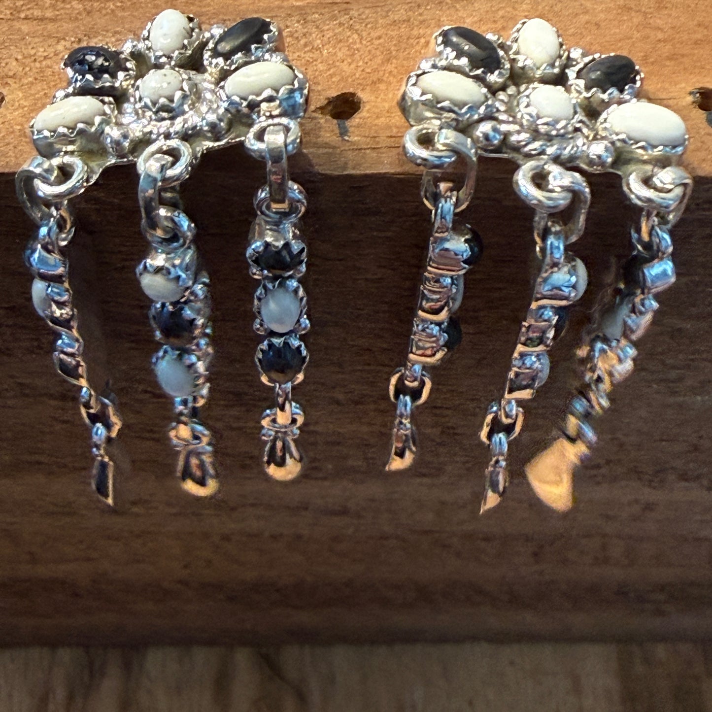 Handcrafted White Buffalo Dahlia Cluster Dangle Earrings Sterling Silver Wild West Boho