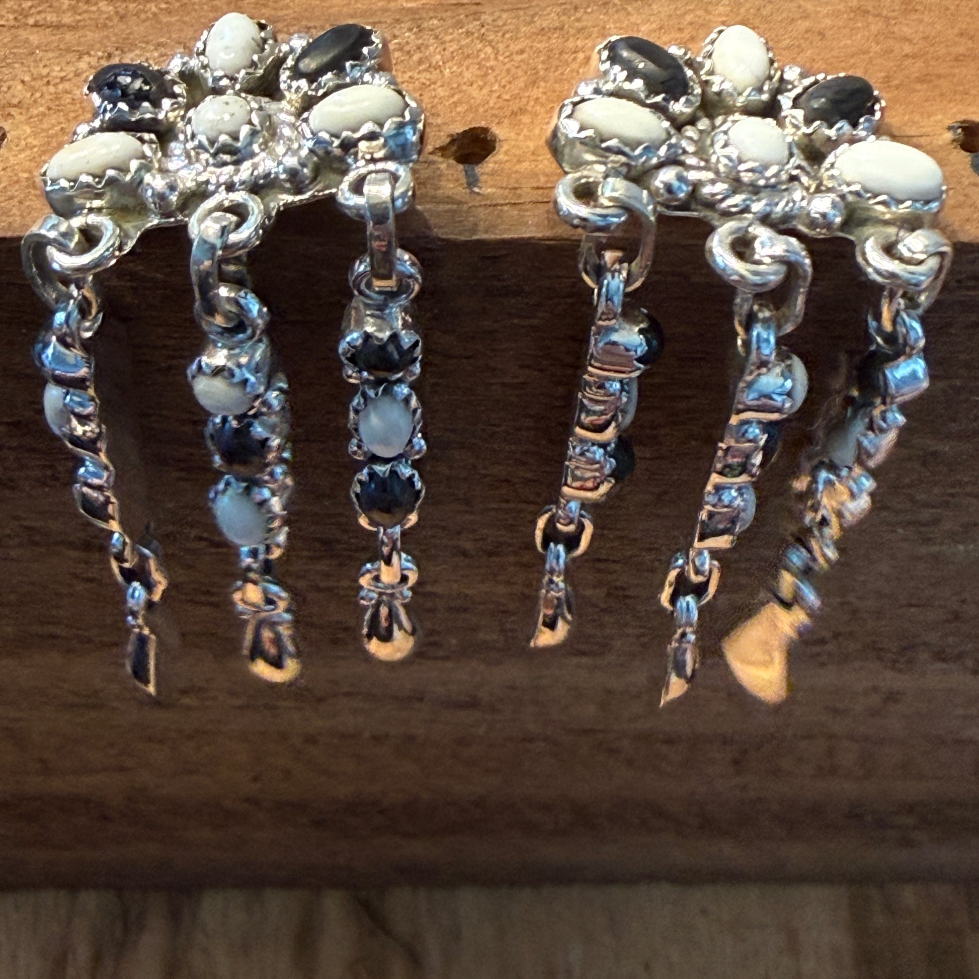 Handcrafted White Buffalo Dahlia Cluster Dangle Earrings Sterling Silver Wild West Boho