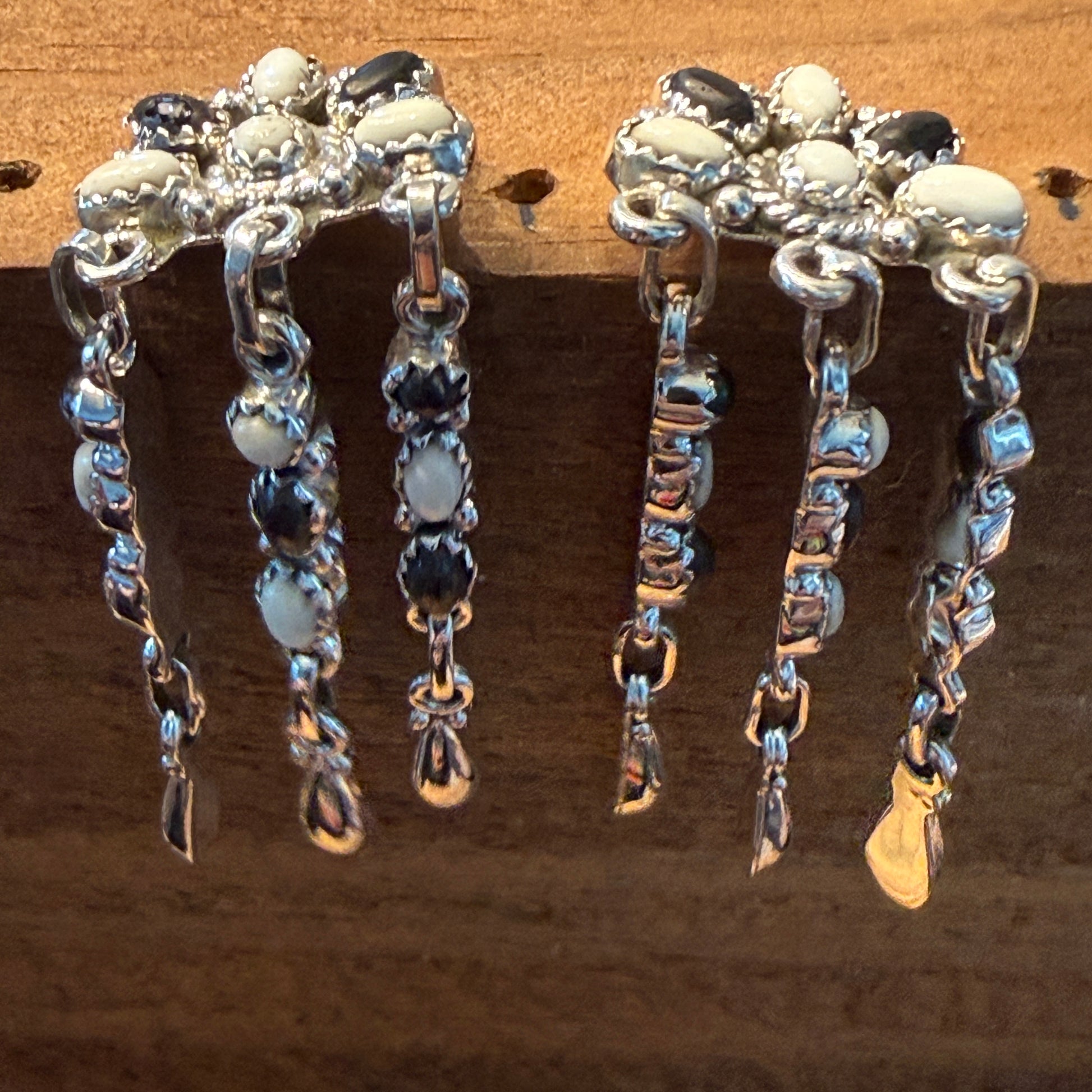 Handcrafted White Buffalo Dahlia Cluster Dangle Earrings Sterling Silver Wild West Boho