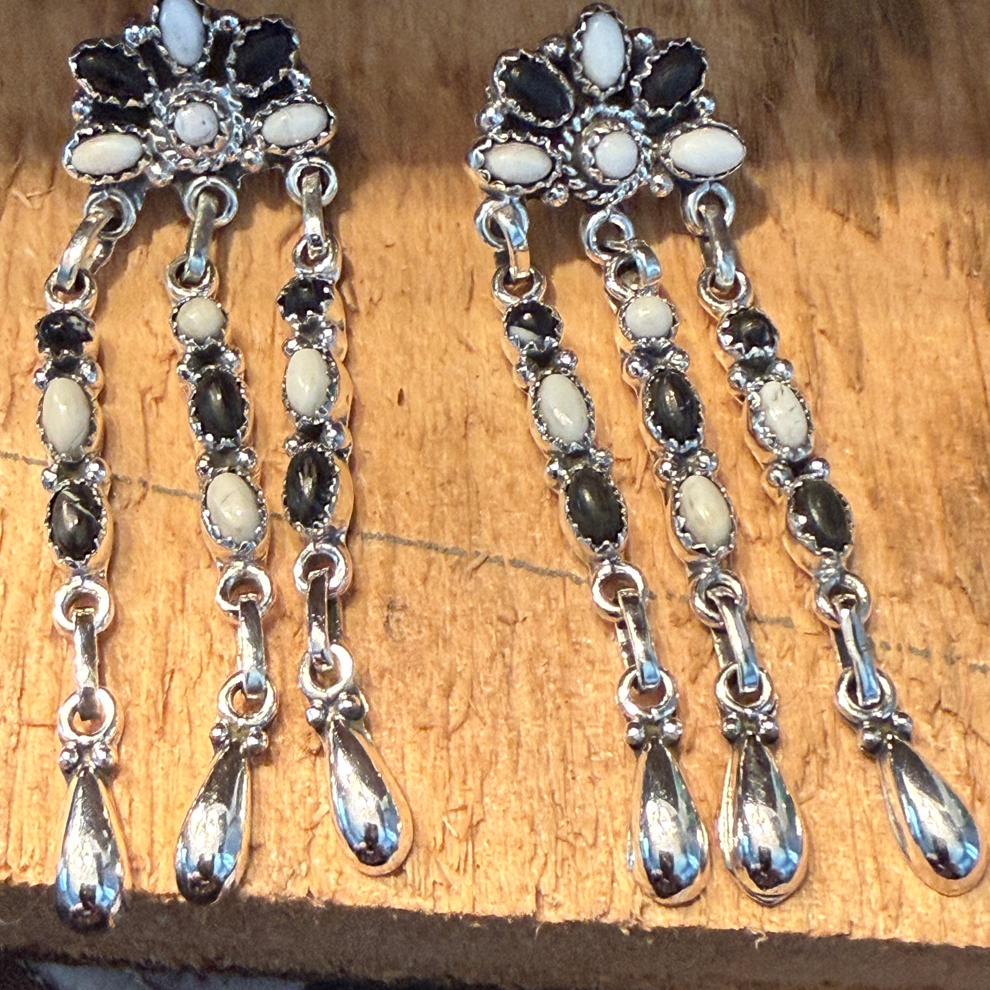 Handcrafted White Buffalo Dahlia Cluster Dangle Earrings Sterling Silver Wild West Boho