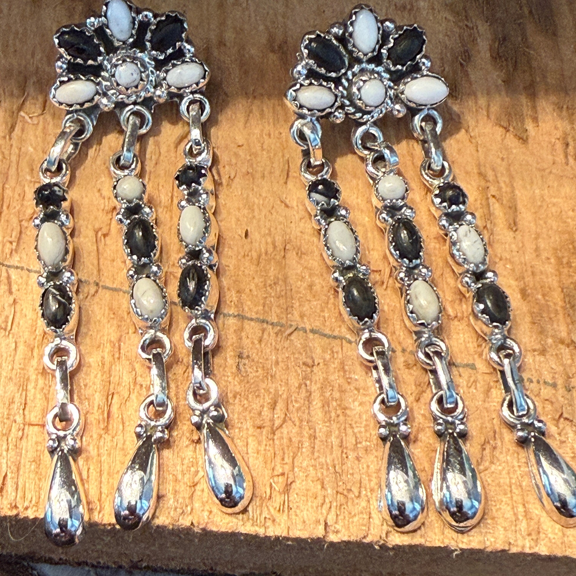 Handcrafted White Buffalo Dahlia Cluster Dangle Earrings Sterling Silver Wild West Boho